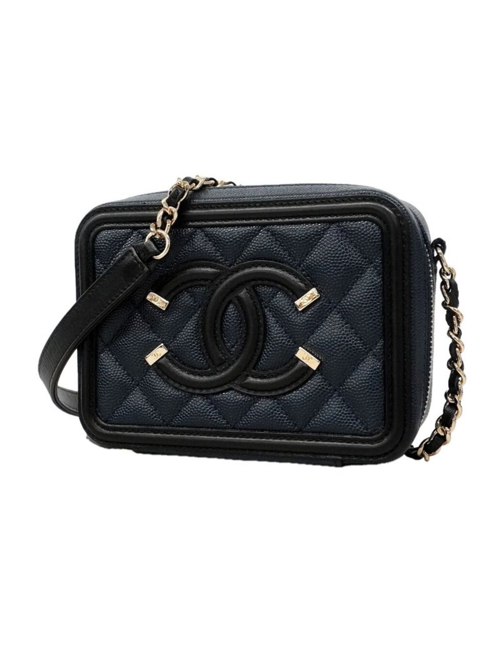 Chanel Vanity Bag Quilted CC Filigree Caviar Leather Navy Champagne Gold